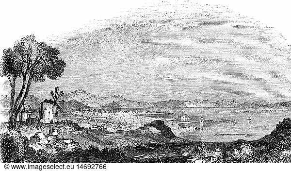 Geo hist.  Griechenland  Inseln  Ã„gina  Hafen  Ansicht  Xylografie nach Zeichnung von G. F. Sargent  1839