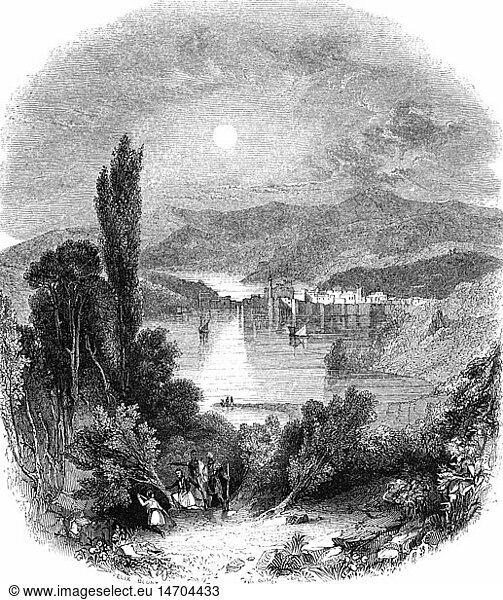 Geo hist.  Griechenland  Landschaften  Meerenge von Euripus  im Hintergrund Chalkida  Xylografie nach Zeichnung von Felix Blunt  1839