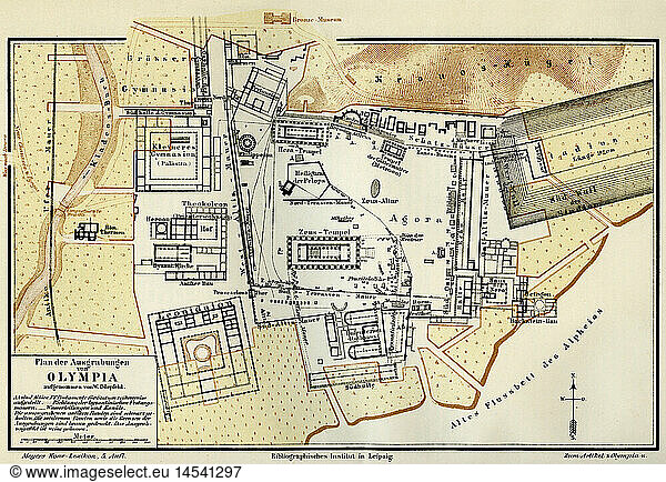 Geo. hist.  Griechenland  Olympia  Plan der Ausgrabungen  Chromlithographie  Meyers Conversationslexikon  1896
