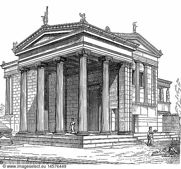 Geo hist.  Griechenland  StÃ¤dte  Athen  Akropolis  Erechtheion  erbaut zwischen 420 und 406 v.Chr.  Nordhalle  AuÃŸenansicht  Rekonstruktion  Zeichnung  um 1900