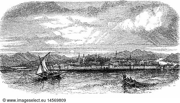 Geo hist.  Griechenland  StÃ¤dte  Chalkida  Ansicht Ã¼ber die Meerenge von Euripus  Xylografie nach Zeichnung von Montagu Stanley  1839