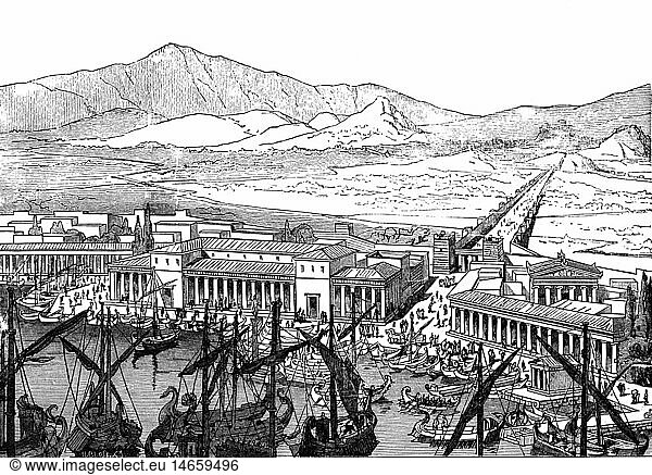 Geo hist.  Griechenland  Verkehr  Schiffahrt  Hafen PirÃ¤us  Ansicht  5./4. Jahrhundert vChr.  Rekonstruktion  Xylografie  19. Jahrhundert