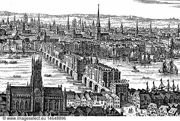 Geo. hist.  GroÃŸbritannien  StÃ¤dte  London  BrÃ¼cken  London Bridge  Holzschnitt  1. HÃ¤lfte 17. Jahrhundert  Ausschnitt Geo. hist., GroÃŸbritannien, StÃ¤dte, London, BrÃ¼cken, London Bridge, Holzschnitt, 1. HÃ¤lfte 17. Jahrhundert, Ausschnitt