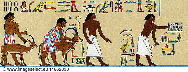 Geo. hist  Ã„gypten  Menschen  Beamte  KÃ¶niglicher Kommisar Neferhotep (rechts) und OberjÃ¤germeister Aktoe (mitte) sowie zwei Asiaten  Chromolithografie nach Wandmalerei  Grab des Chnumhotep  Beni Hassan  um 1900 vChr.  12. Dynastie