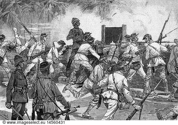 Geo. hist  Indonesien  Lombok  Ereignisse  niederlÃ¤ndische Soldaten verteidigen den KÃ¶nigspalast gegen Rebellen  Tjana Negara  19.11.1894