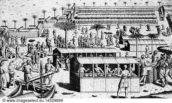 Geo hist.  Indonesien  Molukken  Markt  'Navigation in orientem' von Hugo Linschoten  Frankfurt  1599