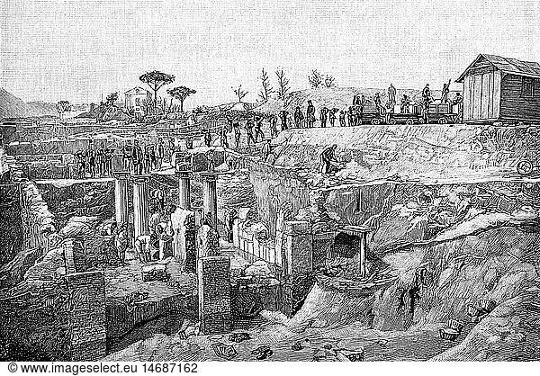 Geo. hist.  Italien  ArchÃ¤ologie  Ausgrabungen in Pompeji  Xylografie  19.Jahrhundert Geo. hist., Italien, ArchÃ¤ologie, Ausgrabungen in Pompeji, Xylografie, 19.Jahrhundert,