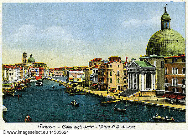 Geo. hist.  Italien  StÃ¤dte  Venedig  BrÃ¼cken  Blick auf die BrÃ¼cke Ponte degli Scalzi  gebaut 1932 - 1934  und den Canal Grande  vorn rechts die Kirche San Simeon Piccolo  Fotografie  koloriert  circa 1930er Jahre