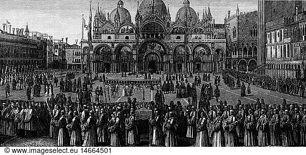 Geo hist.  Italien  StÃ¤dte  Venedig  Feste  Prozession der Kreuzreliquie  Markusplatz  Xylografie 19. Jahrhundert  nach GemÃ¤lde von Gentile Bellini  1496