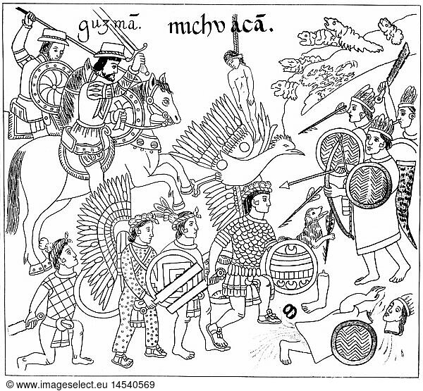 Geo. hist.  Mexiko  Aztekenreich  KÃ¤mpfer der Spanier in Mexiko  nach den aztekischen Zeichnungen