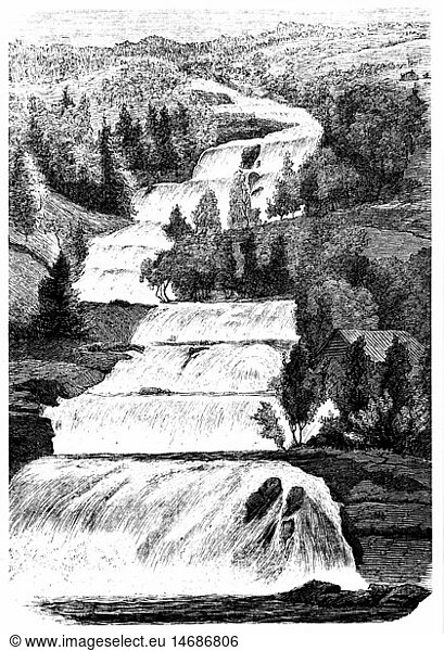 Geo. hist.  Norwegen  GewÃ¤sser  Wasserfall Rjukan des FluÃŸ Maanelo bei Tin  Telemark  Xylografie  um 1870