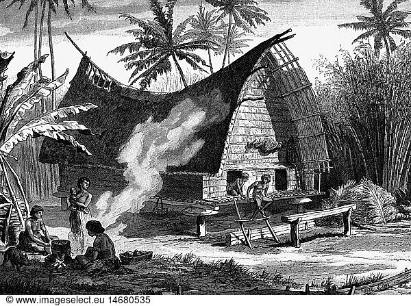 Geo hist.  Papua-Neuguinea  Hihiaura  Haus  Xylografie nach Skizze von Otto Finsch  2. HÃ¤lfte 19. Jahrhundert