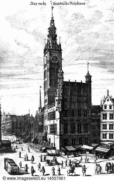 Geo hist.  Polen  StÃ¤dte  Gdansk (Danzig)  GebÃ¤ude  RechtstÃ¤dtisches Rathaus  AuÃŸenansicht  Kupferstich zu 'Der Stadt Danzig historische Beschreibung' von Reinhold Curicke  2. HÃ¤lfte 17. Jahrhundert