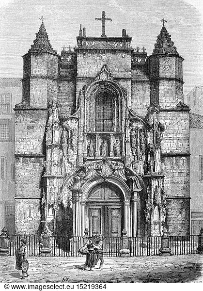 Geo hist.  Portugal  StÃ¤dte und Gemeinden  Coimbra  Kirchen  Klosterkirche Santa Cruz  AuÃŸenansicht  Fassade  Xylografie  1865