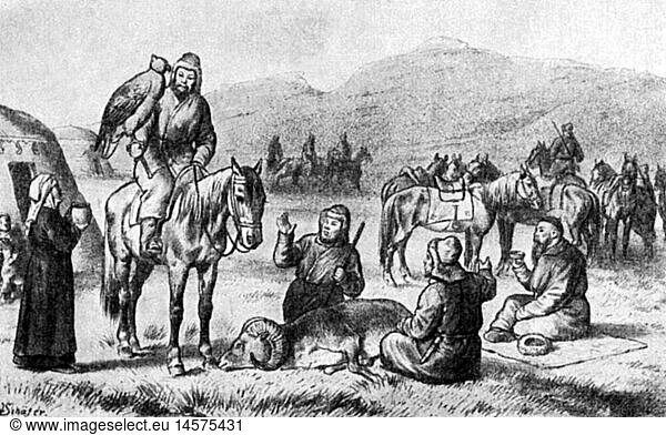 Geo hist Rußland Menschen Kirgisen Kirgisen-Lager Xylografie nach Zeichnung von Otto Finsch Illustration zu 'Reise zu den Kirgisen' von Alfred Brehm 1876
