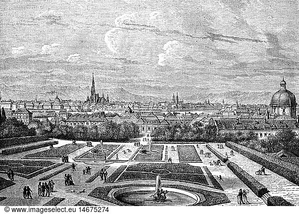 Geo hist.  Ã–sterreich  StÃ¤dte  Wien  SchlÃ¶sser  SchloÃŸ Belvedere  SchloÃŸpark  Ansicht  Xylografie  um 1875