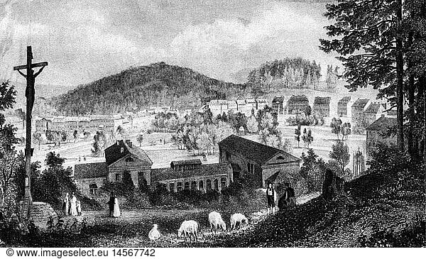 Geo hist Tschechien Städte Marienbad (Marianske Lazne) Ansicht mit altem Kreuzbrunnen Stich um 1850