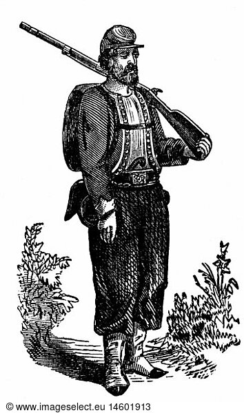 Geo hist  USA  BÃ¼rgerkrieg 1861 - 1865  Soldaten  Soldat des 11. Freiwilligenregiment von New York ('Ellsworth Zouaves')  Xylografie  19. Jahrhundert