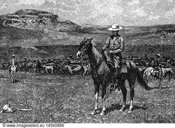 Geo. hist.  USA  Menschen  Cowboys  Viehtrieb  'Rownd up'  Vieh wird zusammengetrieben  Original Xylografie  19.Jahrhundert Geo. hist., USA, Menschen, Cowboys, Viehtrieb, 'Rownd up', Vieh wird zusammengetrieben, Original Xylografie, 19.Jahrhundert,