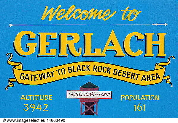 Geo. hist.  USA  Nevada  Gerlach  Ortsschild  Black Rock Desert Geo. hist., USA, Nevada, Gerlach, Ortsschild, Black Rock Desert,
