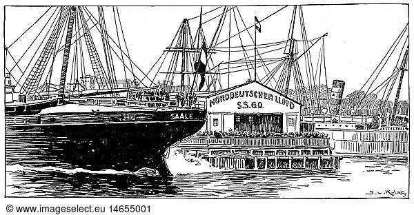 Geo hist  USA  StÃ¤dte  Hoboken  New Jersey  Hafen am Hudson River  Bremen-Docks der Norddeutsche Lloyd  am 30.6.1900 durch einen Brand zerstÃ¶rt  Ansicht  Zeichung von Kulas  'Die Woche'  Nr. 27  1900
