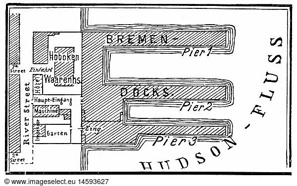 Geo hist  USA  StÃ¤dte  Hoboken  New Jersey  Hafen am Hudson River  Bremen-Docks der Norddeutsche Lloyd  am 30.6.1900 durch einen Brand zerstÃ¶rt  Karte  Zeichung  'Die Woche'  Nr. 27  1900