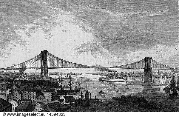 Geo. hist.  USA  StÃ¤dte  New York  BrÃ¼cken  Brooklyn Bridge  Original  Xylografie  19.Jahrhundert Geo. hist., USA, StÃ¤dte, New York, BrÃ¼cken, Brooklyn Bridge, Original, Xylografie, 19.Jahrhundert,