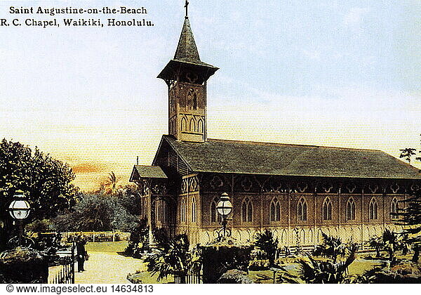 Geo. hist  USA  Staaten  Hawaii  Oahu  Honululu  Waikiki  Kirchen  Saint Augustine-on-the-Beach  AuÃŸenansicht  colorierte Fotopostkarte  1909