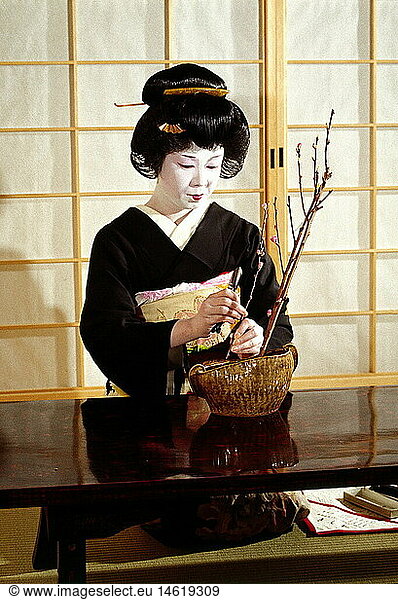 Geo. Japan  Menschen  Frauen  Geisha beim Ikebana Geo. Japan, Menschen, Frauen, Geisha beim Ikebana,