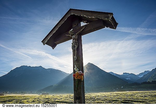 Geografie  BRD  Bayern  Feldkreuz mit Christusfigur  Lorettowiesen bei Oberstdorf  AllgÃ¤uer Alpen  AllgÃ¤u