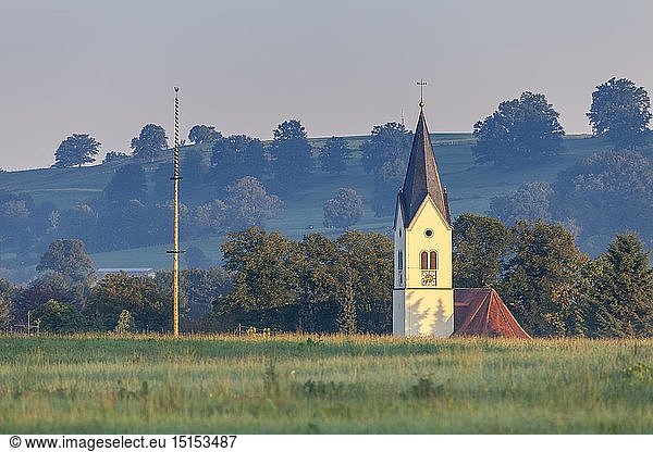 Geografie  BRD  Bayern  Sindelsdorf  Maibaum und Kirche in Sindelsdorf  Oberbayern  SÃ¼ddeutschland  Mitteleuropa