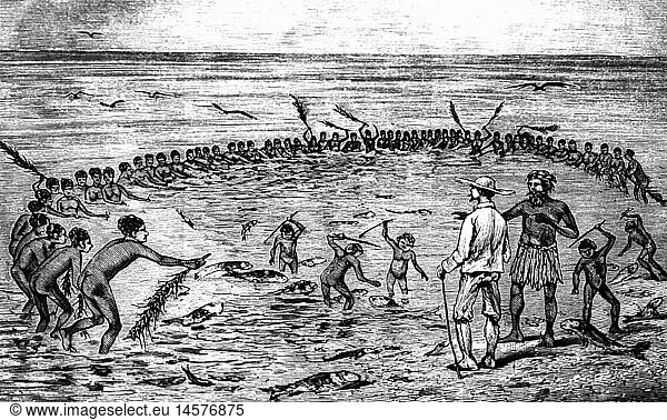 Geografie hist.  Australien  Menschen  Aborigines  beim Fischen  beobachtet von einem EuropÃ¤er  Xylografie  19.Jahrhundert