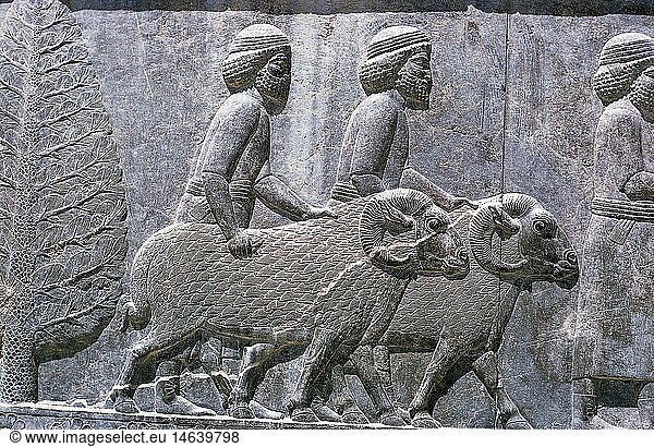 Geografie  Iran  Persepolis (Parsa)  gegrÃ¼ndet 520 vChr.  Hundert-SÃ¤ulen-Saal des Xerxes I. (485 - 465 vChr.)  Detail  Relief 'Tributbringer' Geografie, Iran, Persepolis (Parsa), gegrÃ¼ndet 520 vChr., Hundert-SÃ¤ulen-Saal des Xerxes I. (485 - 465 vChr.), Detail, Relief 'Tributbringer',