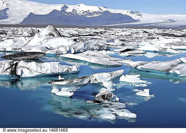 Geografie  Island  Skaftafell  Gletschersee JÃ¶kulsarlon  tiefster See Islands  VatnajÃ¶kull Gletscher  grÃ¶sster Gletscher Islands und drittgrÃ¶sste zusammenhÃ¤ngende Eismasse der Erde  aktivstes Vulkangebiet