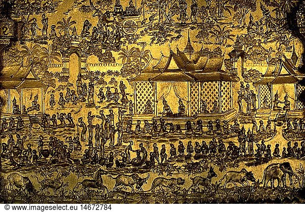 Geografie  Laos  Luang Prabang  GebÃ¤ude  Wat May  Tempel  AuÃŸenansicht  Detail: Portal  vergoldet  Darstellung der alten KÃ¶nigsstadt  19. Jahrhundert