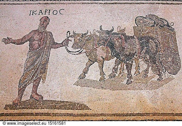 Geografie  Zypern  Paphos  ArchÃ¤ologischer Park  Haus des Dionysos  Raum 16  Ikarios fÃ¼hrt ein Ochsengespann  das einen mit WeinschlÃ¤uchen beladenen Karren zieht