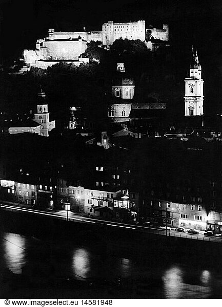 geography / travel  Austria  Salzburg  city views / cityscapes  view over Salzach River towards the castle  night shot  1960s