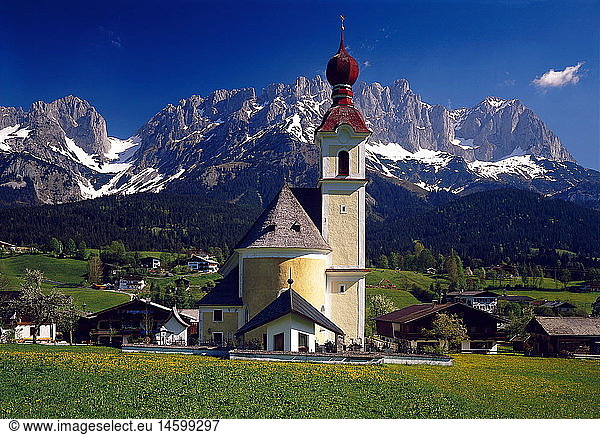 geography / travel  Austria  Tyrol  Going  view towards the municipality with church and Wilder Kaiser (peak)