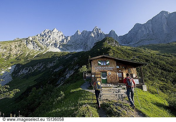 geography / travel  Austria  Tyrol  hiker at Ackerlhuette (hut)  Wilder Kaiser (peak)