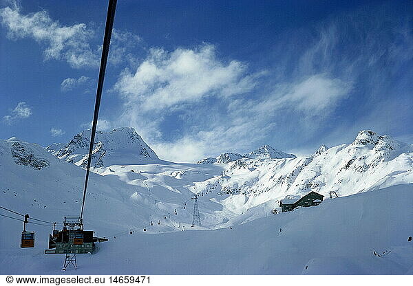 geography / travel  Austria  Tyrol  Stubaital  glacier  skiing area  cableway  mountain railway  cable car  winter  snow  ski slope