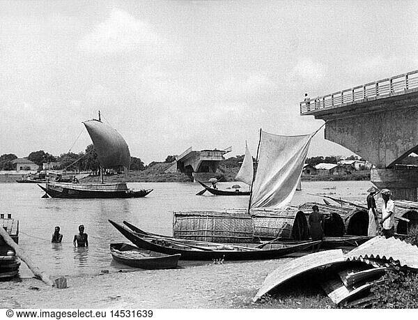 geography / travel  Bangladesh  Dakka  destroyed bridge near the town  1960s