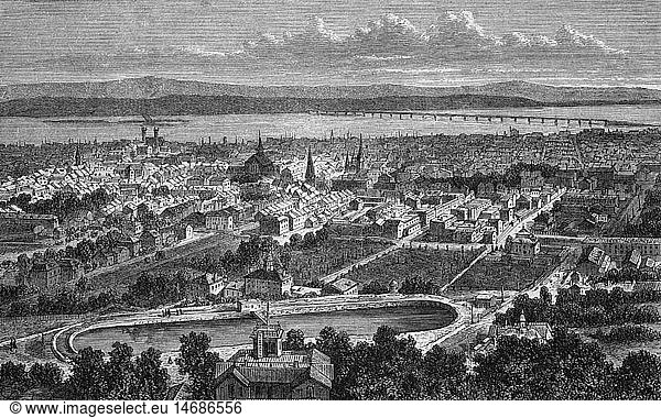 geography / travel  Canada  Montreal  city views / cityscapes  woodcut from Spamers Illustrated Conversations Encyclopedia  19th century  historic  historical  North America  capital  Quebec  province  overview  city view  cityscape  St Laurence river  UNESCO World Cultural Heritage Site / Sites  people