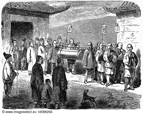 geography / travel  China  people  funeral in the country  wood engraving  2nd half of the 19th century  death cult  cortege  procession  lanterns  coffin  carrying  graphic  graphics  print  prints  historic  historical