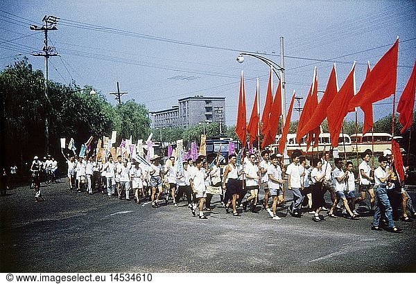 geography / travel  China  people  young people with red flags demonstrating their same line  Beijing  1970s