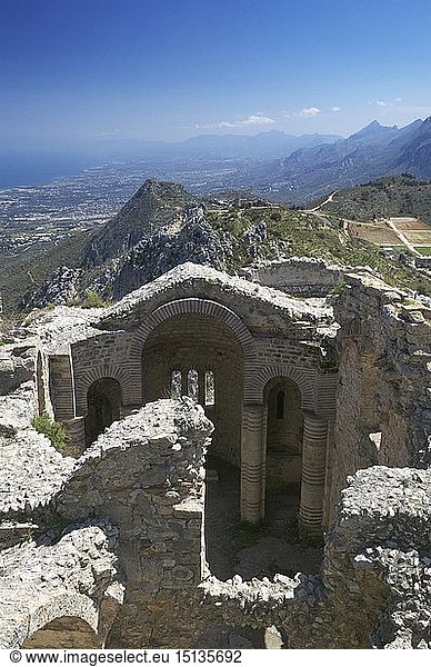 geography / travel  Cyprus  The Byzantine Church at St Hilarion Castle  near Girne  North Cyprus. View along the Besparmak mountains and north coast.
