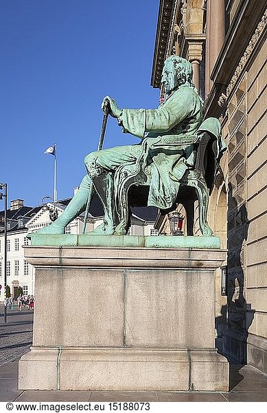 geography / travel  Denmark  Copenhagen  statue Ludvig Holberg in front of deme Royal theatre / theater on the Kongens Nytorv  Copenhagen  Denmark  Northern Europe