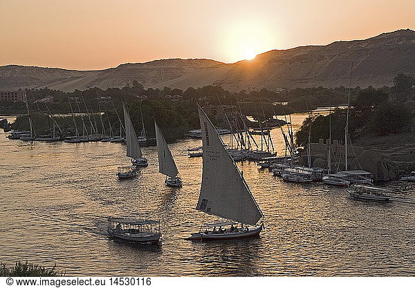 geography / travel  Egypt  Aswan  Nile River  cataract  felucca  sunset