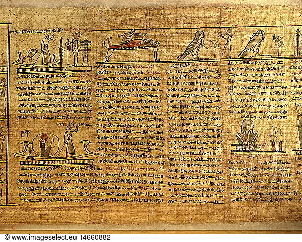 geography/travel  Egypt  death cult  Book of the Dead  papyros of Pajuheru  Ptolemaic period  2nd/1st century BC  State Collection of Egyptian Art  Munich  ancient world  fine arts  painting  scripture  hieroglyphs  netherworld  soul  Ba  barque  Osiris  historic  historical  ancient world  ornament  ornaments  ornamentation