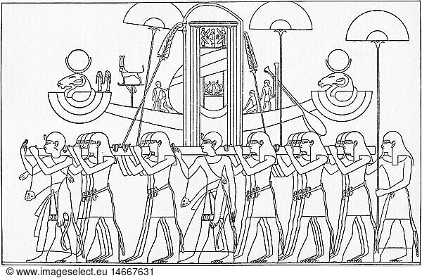 geography/travel  Egypt  religion  procession wtih the Holy Barque of God Amun  relief  period of King Ramesses II (circa 1290 - 1224 vChr.  19th dynasty  wood engraving from Karl Richard Lepsius 'Monuments from Egypt and Ethiopia'