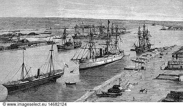 geography / travel  Egypt  Suez Canal  built 1859 - 1869  near Port Said  engraving after photography  circa 1885  historic  historical  19th century  North Africa  traffic  navigation  ships  steam ship  boat  boats  port  harbour  canals  people